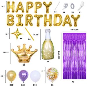 Purple Gold Birthday Decorations for Women Girls, Gold Happy Birthday Banner 13th 16th 18th 21st 30th 40th 50th 60th Birthday Party Decorations, Champagne Purple Gold & White Balloon Arch Kit