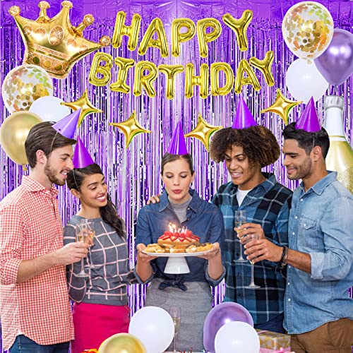 Purple Gold Birthday Decorations for Women Girls, Gold Happy Birthday Banner 13th 16th 18th 21st 30th 40th 50th 60th Birthday Party Decorations, Champagne Purple Gold & White Balloon Arch Kit