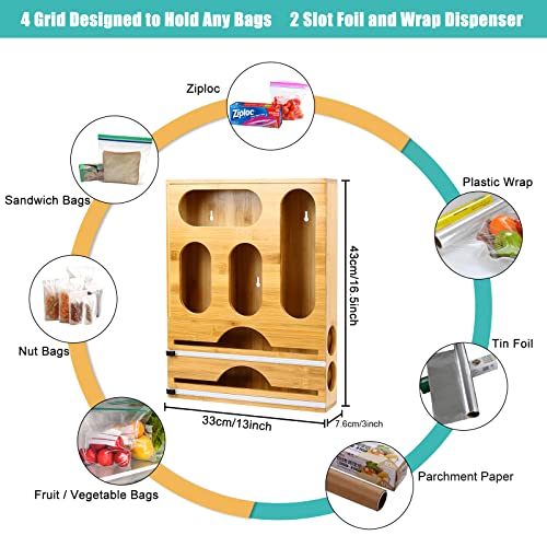 Bamboo Ziplock Bag Organizer, TWSOUL 6-IN-1 Foil and Plastic Wrap Dispenser with Organizer, Wall-mounted Wrap Organizer with Cutter for Storing Gallon, Quart, Snack Bags and Cutting Plastic Wrap, Foil