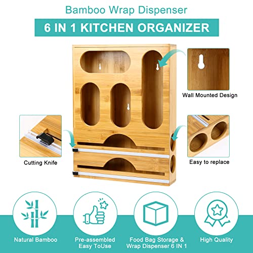 Bamboo Ziplock Bag Organizer, TWSOUL 6-IN-1 Foil and Plastic Wrap Dispenser with Organizer, Wall-mounted Wrap Organizer with Cutter for Storing Gallon, Quart, Snack Bags and Cutting Plastic Wrap, Foil