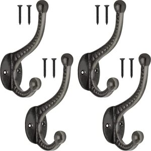 neighbours lane cast iron hooks for hanging coats - vintage wall hooks for hanging towels, robes, hats, bags & more - medium-sized mounted decorative wall hook in elegant black finish pack of 4