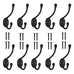 neighbours lane 10 pack dual coat hooks wall mounted with screws double hooks utility black no rust hooks for coat, scarf, bag, towel, key, cap, cup, hat, black finish medium