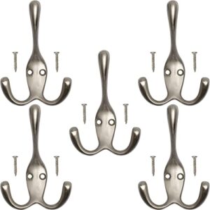 neighbours lane towel hooks for bathroom wall mounted - satin nickel three prong wall hooks for hanging coats, clothes, bags, hats, towels, & more - pack of 5 medium-sized robe hooks