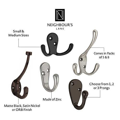 Neighbours Lane Towel Hooks for Bathroom Wall Mounted - Satin Nickel Three Prong Wall Hooks for Hanging Coats, Clothes, Bags, Hats, Towels, & More - Pack of 5 Medium-Sized Robe Hooks