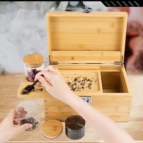 Viking Factory Large Bamboo Box with Combination Lock Decorative Box for Home Locking Storage Box -Premium Removable Tray, With Glass Jar