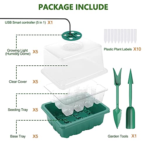 CANNABMALL Seed Starter Tray 5 Packs Seedling Starter Trays with Grow Light 8 LEDs, Timer, Dimmable, Seed Starting Trays Kit with Humidity Dome (60 Cells) Indoor Gardening Plant Germination Trays