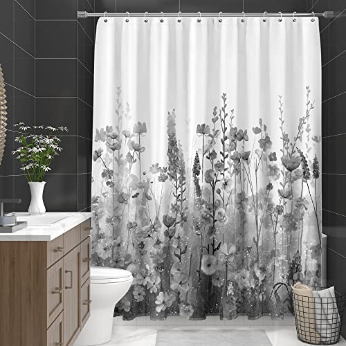 SUMGAR Black and White Shower Curtain with Grey Flower, Wildflower Floral Fabric Shower Curtains Set for Farmhouse Rustic Bathroom with Hooks, 72x72 Inches