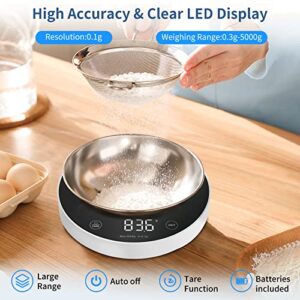 VOCOO Food Kitchen Scale Digital - 5KG/11lb Max Weight with 5 Units Grams Ounces Pounds, Clear LED Display and Tare Function, Food Scale for Cooking Baking Meat Weighing (White)