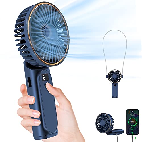 TUNISE Portable Handheld Fan, Neck Fan, 4000mAh Desk Fan, 180° Adjustable, 6 Speed Wind, Display Electricity in Real Time, USB Rechargeable Foldable Fan, Quiet Personal Fan with Power Bank Blue