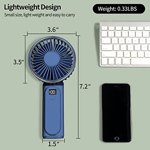 TUNISE Portable Handheld Fan, Neck Fan, 4000mAh Desk Fan, 180° Adjustable, 6 Speed Wind, Display Electricity in Real Time, USB Rechargeable Foldable Fan, Quiet Personal Fan with Power Bank Blue