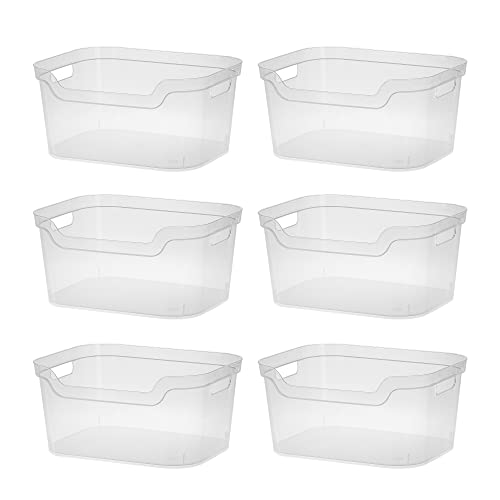 Sterilite 7 x 11 x 14.25 Inch Polished Open Scoop Front Storage Bin with Comfortable Carry Through Handles for Household Organization, Clear (6 Pack)