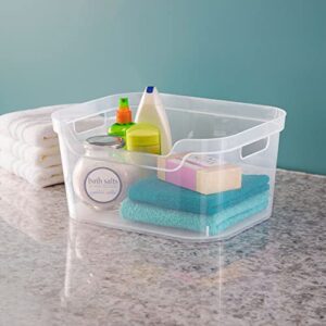 Sterilite 7 x 11 x 14.25 Inch Polished Open Scoop Front Storage Bin with Comfortable Carry Through Handles for Household Organization, Clear (6 Pack)