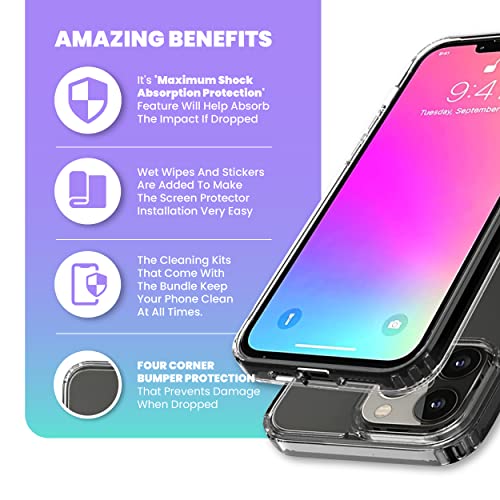 OOVIAL [5 in 1] iPhone 13 Clear Case Bundle with 1 Tempered Glass Screen Protector, 1 Camera Lens Protector and 2xCleaning Kits[Anti-Yellowing Military Grade Protection] 6.1 Inch