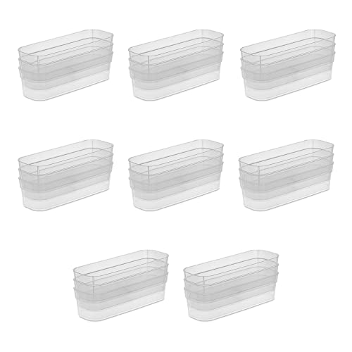 Sterilite 13538608 Narrow Storage Trays with Sturdy Banded Rim and Textured Bottom for Desktop and Drawer Organizing, Clear (24 Pack)