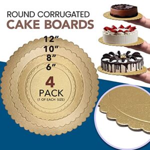 4 Pack Cake Boards Golden Round Cake Circles 6, 8, 10, 12 Inch Cake Base Cardboard, 1 of Each Size Set for Baking Cake, Gold