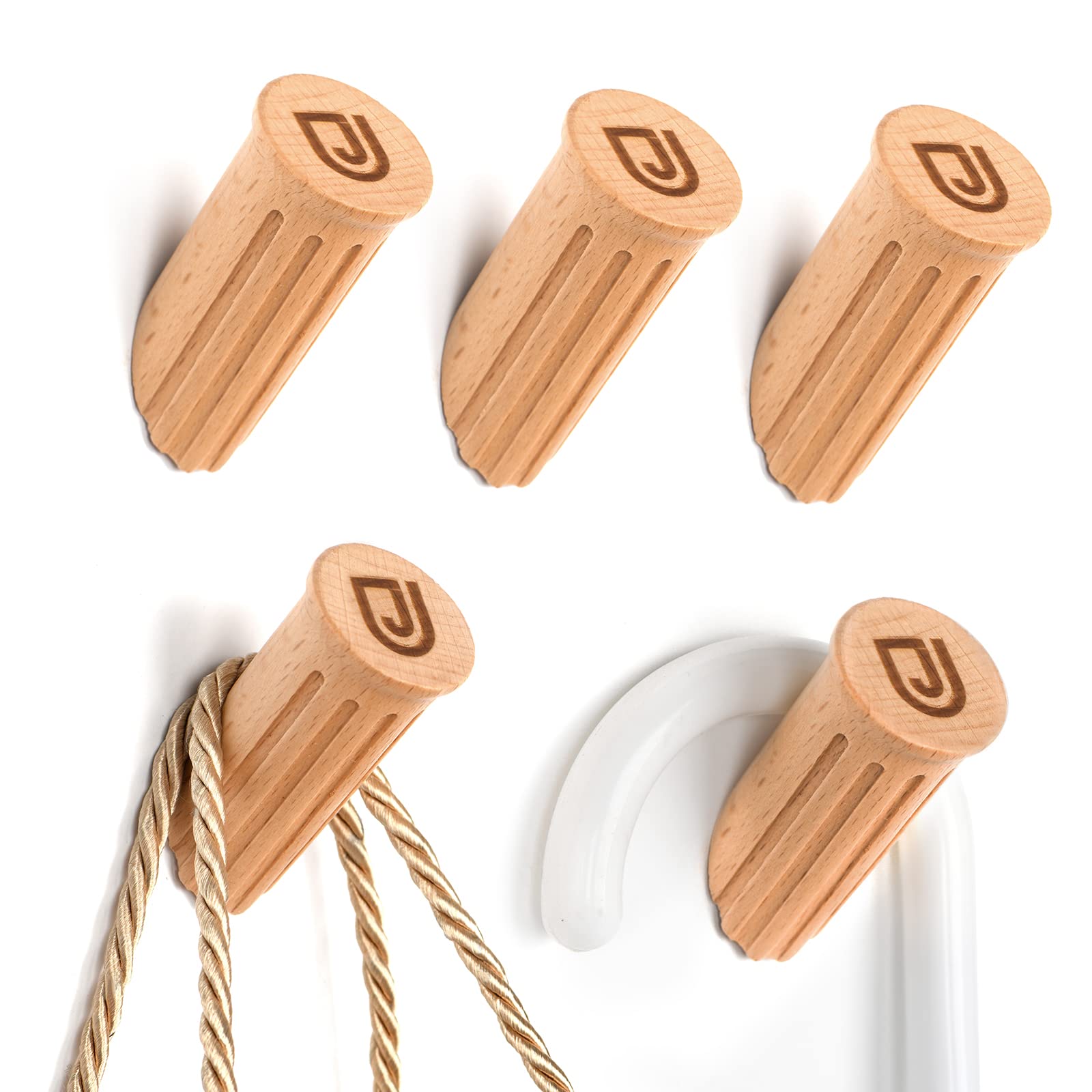 jansky Wood Wall Hooks, Pack of 5, Modern Coat Hooks Wall Mounted, Decorative Hooks for Hanging Clothes, Towel, Hangers, Robe, Scarf, Hat, Bag (Beech Wood)