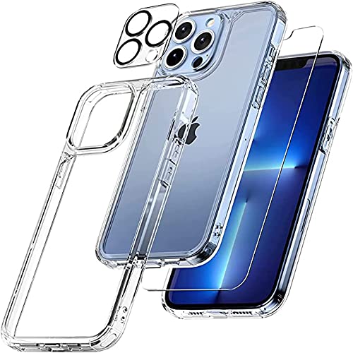 Oovial [Full Protection] iPhone 13 Pro Max CLEAR Case Bundle with 1 Tempered Glass Screen Protector, 1 Camera Lens Protector and 2 Pack Cleaning Kits [Anti-Yellowing Technology Military Grade Protection] 6.7 Inch