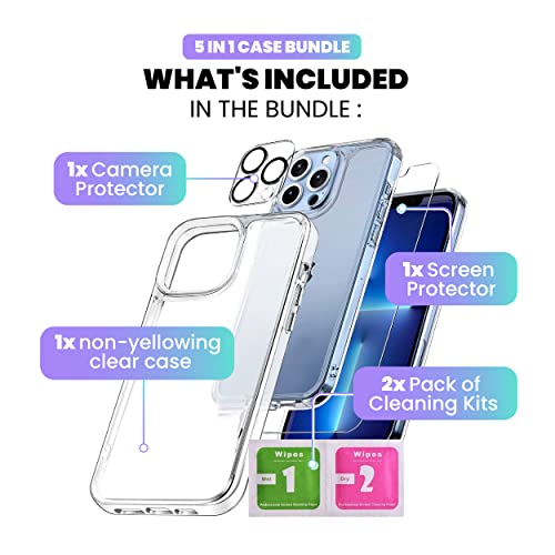 Oovial [Full Protection] iPhone 13 Pro Max CLEAR Case Bundle with 1 Tempered Glass Screen Protector, 1 Camera Lens Protector and 2 Pack Cleaning Kits [Anti-Yellowing Technology Military Grade Protection] 6.7 Inch