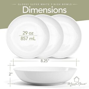 Maison Neuve Premium Porcelain White Dinner Bowls [Set of 4]- 29oz Dinnerware Kitchen Bowls For Soups, Noodles, Pasta, Salad, Cereal, Desserts- Durable Dishwasher-Safe 8.25” Serving Bowls- Super White