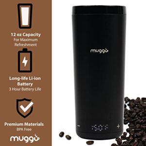 Muggo 12 oz Self-Heating Coffee Mug, Temperature Control Travel Mug, Black Portable Heated Coffee Mug with Leak-Proof Lid & 3-Hour Battery Life