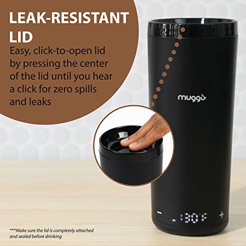 Muggo 12 oz Self-Heating Coffee Mug, Temperature Control Travel Mug, Black Portable Heated Coffee Mug with Leak-Proof Lid & 3-Hour Battery Life