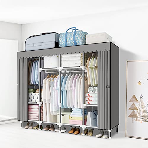 LOKEME 67 Inch Bundle with 55.5 Inch Portable Wardrobe Closet, Closet Oraganizr with 6 Hanging rods, Dust-Proof Cover, Non-Woven Fabric, Gray