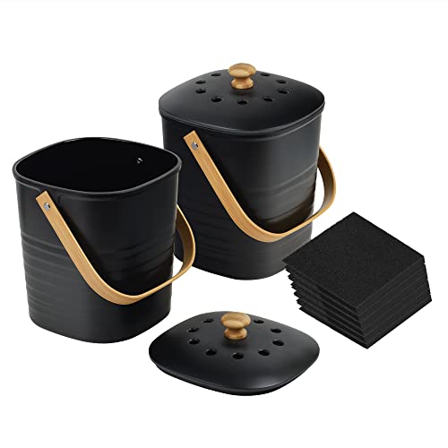 [2 Pack] Small Compost Bin for Kitchen - Holds 1 Gallon Each - Indoor Compost Bin for Food Waste - Bamboo Kitchen Composter - Kitchen Compost Bin - Under Counter Compost Bin for Food Scraps