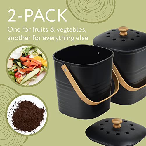 [2 Pack] Small Compost Bin for Kitchen - Holds 1 Gallon Each - Indoor Compost Bin for Food Waste - Bamboo Kitchen Composter - Kitchen Compost Bin - Under Counter Compost Bin for Food Scraps