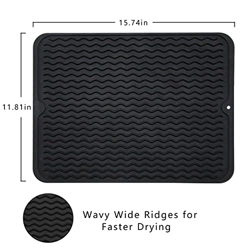 Gehuangbao Silicone Dish Drying Mat, 12x16 Inchs Mats for Kitchen Counter, Durable and Fast Drying Rubber Material (Black)