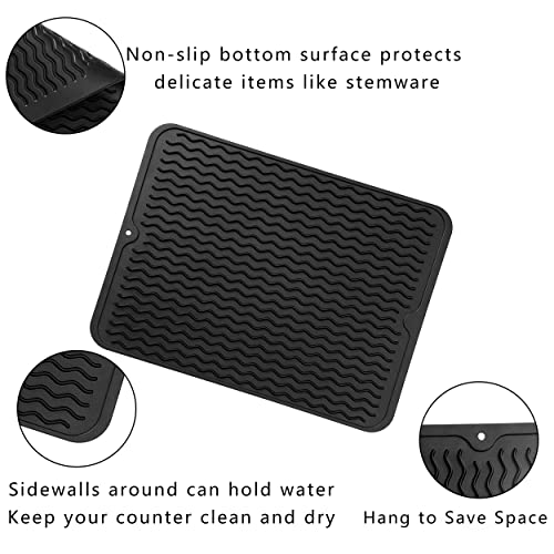 Gehuangbao Silicone Dish Drying Mat, 12x16 Inchs Mats for Kitchen Counter, Durable and Fast Drying Rubber Material (Black)