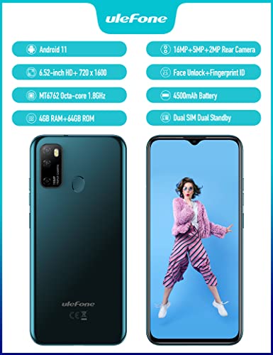 Ulefone Unlocked Cell Phones, Note 9P Octa-Core Unlocked Smartphone, 6.52" Waterdrop Full-Screen, Triple Rear Camera, Dual SIM 4G Phones, 4500mAh, 4GB+64GB, Face ID, Android 11 Mobile Phone - Green