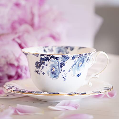 Jomop Ceramic Tea Cups Coffee Cup and Saucers Set of 4 (Blue and White)