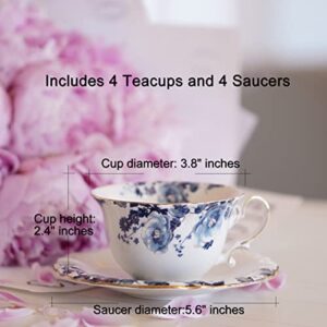 Jomop Ceramic Tea Cups Coffee Cup and Saucers Set of 4 (Blue and White)