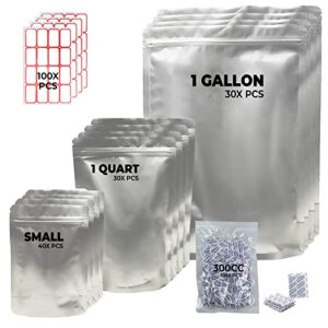 100pack mth mylar bag for food storage with 100 oxygen absorber & labels, 5 mil of thickness zipper closure & long term food storage