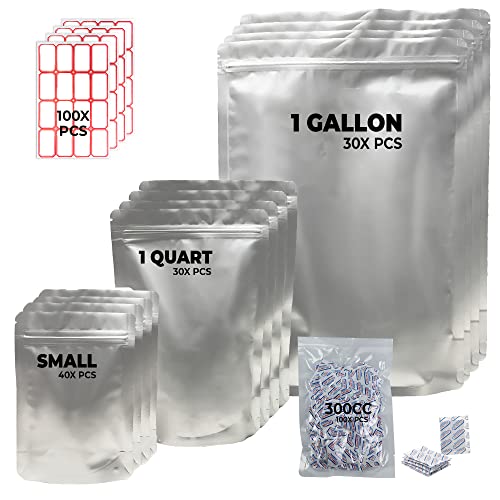 100Pack MTH Mylar Bag for Food Storage with 100 Oxygen Absorber & Labels, 5 Mil of Thickness Zipper Closure & Long Term Food Storage