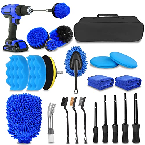 XCVBDE 24Pcs Car Detailing Kit, Car Detailing Brush Set, Auto Detailing Drill Brush Set, Car Cleaning Detailing Brushes, Car Wash Kit, Car Cleaning Tools Kit for Interior, Exterior, Wheels, Dashboard