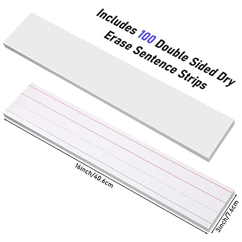 Dry Erase Sentence Strips for Teacher Ruled Sentence Strips Word Writing Strips 16 x 3 Inches White Sentence Strips for Kids Toddlers Students Classroom Supplies (100 Sheet)
