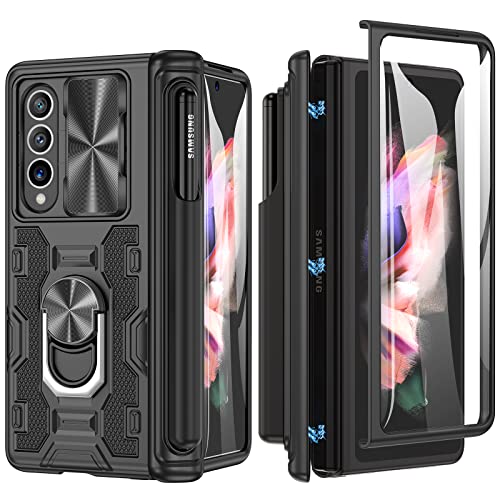 Maxdara for Z Fold 3 Case, with Pen Holder & Hinge Protection & Slide Camera Cover & Built-in Screen Protector & Kickstand Full-Body Dual Layer Case for Samsung Galaxy Z Fold 3 5G(Black)