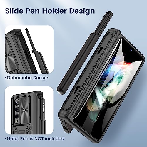 Maxdara for Z Fold 3 Case, with Pen Holder & Hinge Protection & Slide Camera Cover & Built-in Screen Protector & Kickstand Full-Body Dual Layer Case for Samsung Galaxy Z Fold 3 5G(Black)