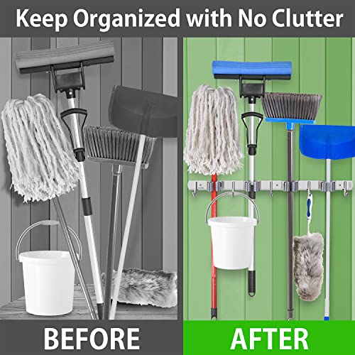 Garnen Mop and Broom Organizer (4 Racks 5 Hooks), Heavy Duty Broom Wall Mount Rake Holder Stainless Steel Tool Hanger for Home, Kitchen, Garage, Garden, Laundry Room, Bathroom Organization and Storage