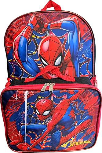 Ruz Spiderman Boy's 16 Inch Backpack With Removable Matching Lunch Box (Black-Red)