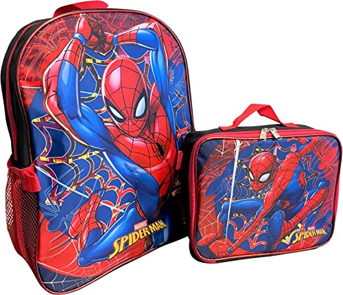 Ruz Spiderman Boy's 16 Inch Backpack With Removable Matching Lunch Box (Black-Red)