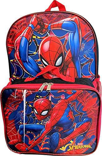 Ruz Spiderman Boy's 16 Inch Backpack With Removable Matching Lunch Box (Black-Red)