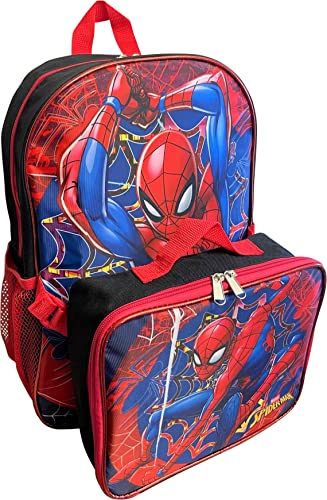 Ruz Spiderman Boy's 16 Inch Backpack With Removable Matching Lunch Box (Black-Red)