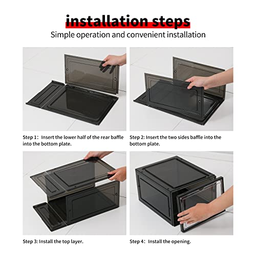 Kenyatta Shoe Storage,6 Pack Shoe Boxes Clear Plastic Stackable,Shoe Organize,(Black) For Sneaker Display,Easy Assembly,Fit up to US Size 12(13.4”x 10.6”x 7.4”), (Black)