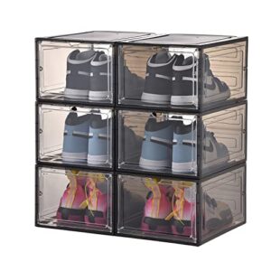 kenyatta shoe storage,6 pack shoe boxes clear plastic stackable,shoe organize,(black) for sneaker display,easy assembly,fit up to us size 12(13.4”x 10.6”x 7.4”), (black)