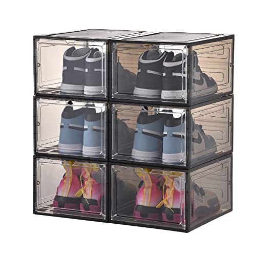 Kenyatta Shoe Storage,6 Pack Shoe Boxes Clear Plastic Stackable,Shoe Organize,(Black) For Sneaker Display,Easy Assembly,Fit up to US Size 12(13.4”x 10.6”x 7.4”), (Black)