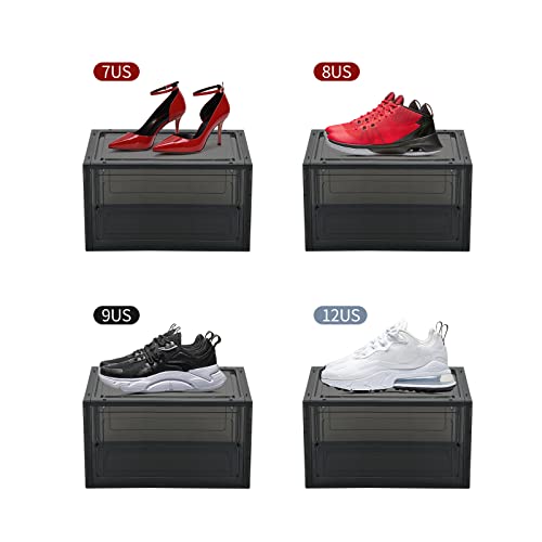 Kenyatta Shoe Storage,6 Pack Shoe Boxes Clear Plastic Stackable,Shoe Organize,(Black) For Sneaker Display,Easy Assembly,Fit up to US Size 12(13.4”x 10.6”x 7.4”), (Black)