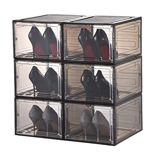 Kenyatta Shoe Storage,6 Pack Shoe Boxes Clear Plastic Stackable,Shoe Organize,(Black) For Sneaker Display,Easy Assembly,Fit up to US Size 12(13.4”x 10.6”x 7.4”), (Black)