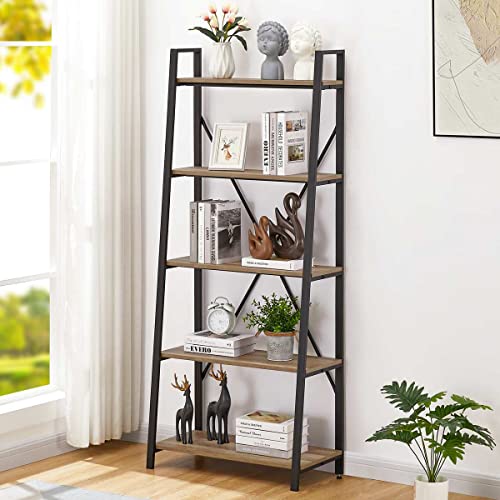 BON AUGURE Rustic Ladder Bookshelf Bookcase, Industrial 5 Tier Ladder Shelf Shelving Unit, Wood and Metal Leaning Shelves for Living Room (Vintage Oak)